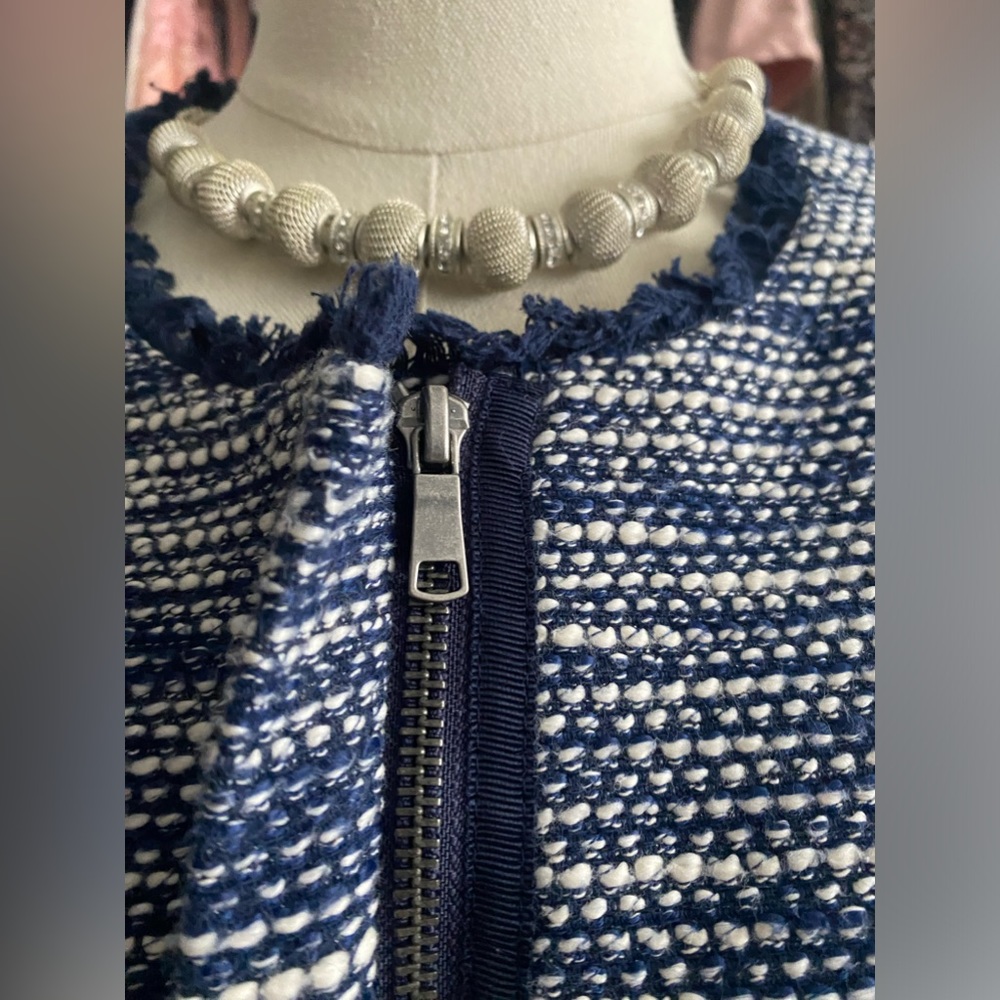 "Joie Milligan" tweed peplum jacket in a blue and white color scheme. - Picture 4 of 12
